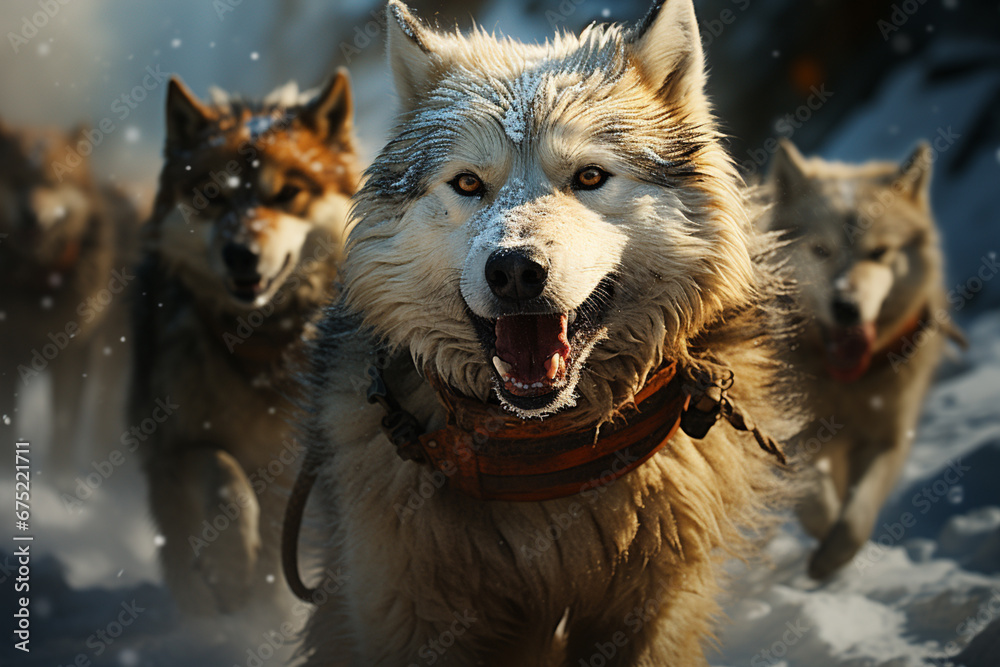 Poster a dynamic image of a sled dog race in progress, with determined snow huskies and their mushers compe