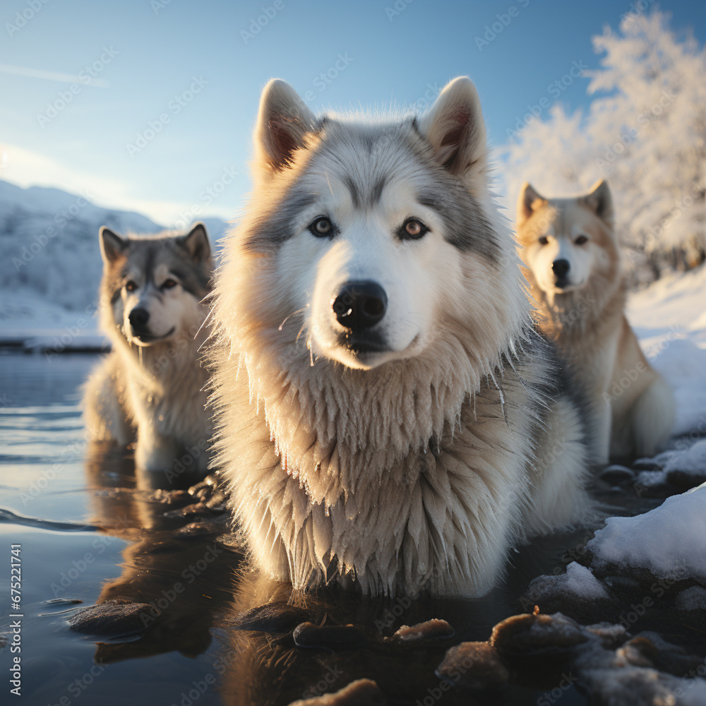 Poster a serene capture of snow huskies resting by a frozen lake, surrounded by a serene and wintry landsca