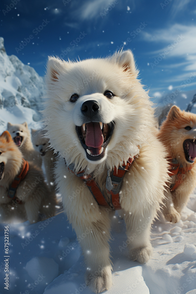Poster an adorable snapshot of snow husky puppies playing joyfully in the snow, capturing their boundless e