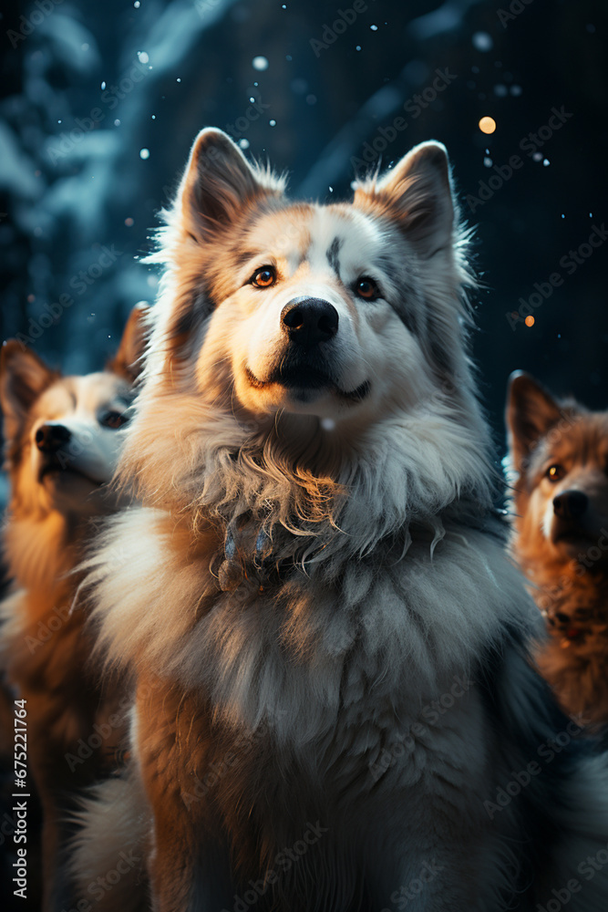 Poster an atmospheric image of snow huskies and their handlers under a vibrant display of the northern ligh
