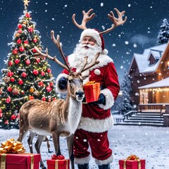 Christmas Santa with Deer and lots of gifts 