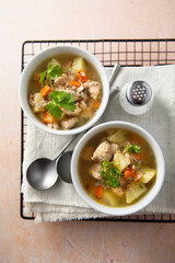 Homemade salmon soup with vegetables
