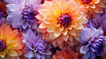 Orange and lilac dahlias flower on lilac background.