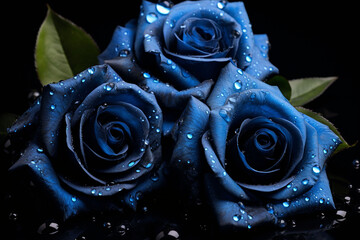Beautiful blue roses with water drops on black background generated.AI