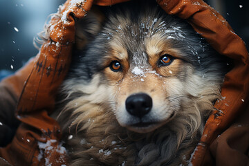  A heartwarming photograph of a snow husky cuddled up with its owner, both bundled up in warm coats against the winter chill.   - obrazy, fototapety, plakaty