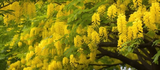 In the background of the lush green nature a magnificent tree adorned with golden leaves stands tall showcasing the beauty of the Laburnum Anagyroides commonly known as the Golden Chain pla - obrazy, fototapety, plakaty
