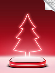 Red podium with neon symbol christmas tree on red studio background, Merry christmas and a happy new year. Vector illustration