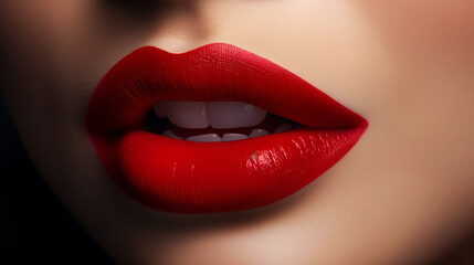 Close up view of beautiful woman lips with red lipstick