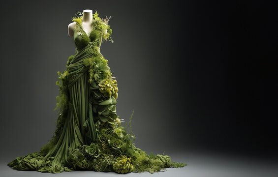 Beautiful dress made of fresh green leaves and plants, sustainable fashion
