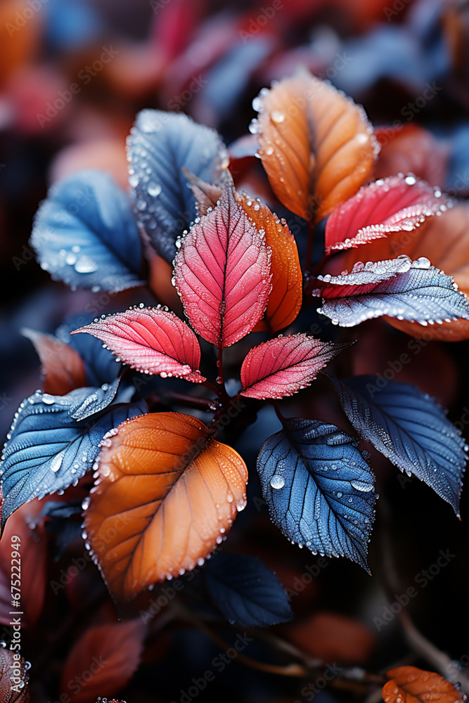 Poster a close-up shot of frost forming intricate patterns on the surface of leaves and branches, showcasin
