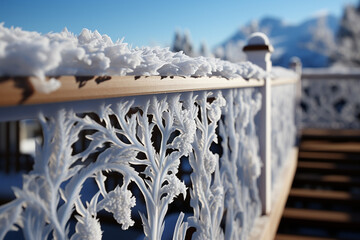  A photograph of frost creating intricate lace-like patterns on a metal railing, adding an elegant touch to the scene.  