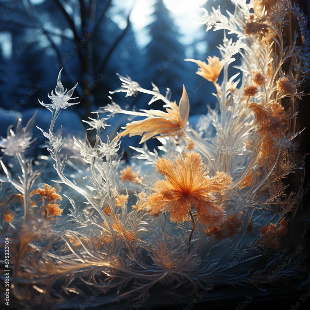 Fototapete an enchanting image of frost patterns delicately adorning a windowpane, creating a wintery masterpie