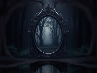 Mirror portal in a dark gloomy forest, fantasy, dark gloomy background. AI	
