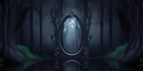Mirror portal in a dark gloomy forest, fantasy, dark gloomy background. AI	
 - obrazy, fototapety, plakaty