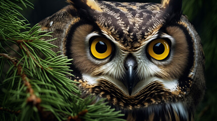 An owl with yellow eyes is sitting in a tree branch.