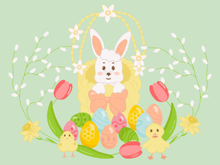 Happy Easter day greeting card. Easter bunny in a wicker basket, chicken, duckling, eggs, willow, flowers, tulips, daffodils. Cartoon greeting card. Vector illustration on a green background.