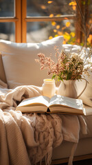 book lying open on a knitted blanket on a sofa in a sunny living room