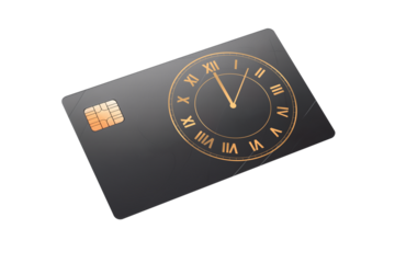 Spending time concept. Bank card with an image of clock face