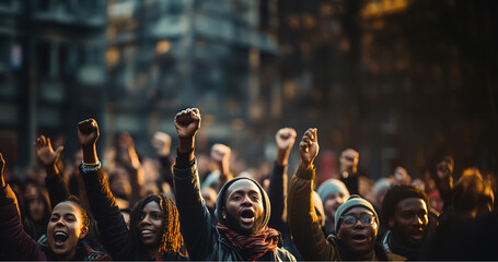 Fototapeta na wymiar Crowd of people raising their hands during protest