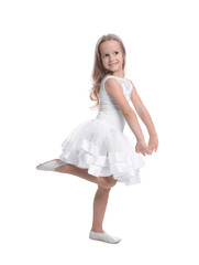 Cute little girl in beautiful dress dancing on white background