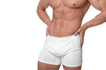 Young man is stylish underwear on white background, closeup - obrazy, fototapety, plakaty