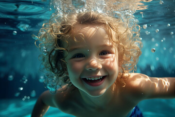 Happy kid swimming underwater and having fun,swimming in the pool of a child, a child with a smile swims under water, generative ai
