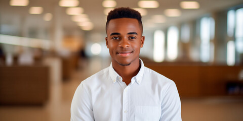 22 year old African guy, extremely intelligent looking, good body, happy smile, short dark hair, wearing white shirt, standing in university library
