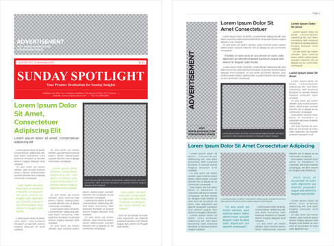 Sunday Spotlight tabloid news editorial layout. Tabloid size template.