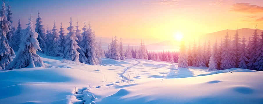 Impressive sunrise and winter calm and untouched landscape. Postproducted generative AI illustration.	