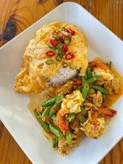 Rice topped with stir-fried pork and basil, Rice topped with stir fried minced pork and basil with Fried egg