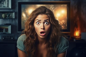 Frightened woman with wide open eyes in front of the TV. Terrible news, panic, war, fire, disaster on the screen. - obrazy, fototapety, plakaty