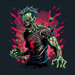 Zombie man, scary monster, digital drawing, graffiti sticker. Bright neon acid colors. Creepy print.