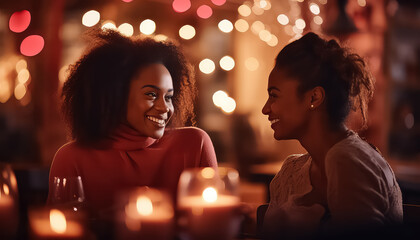 Obraz na płótnie Canvas Two lesbians sitting in restaurant, valentine's day concept