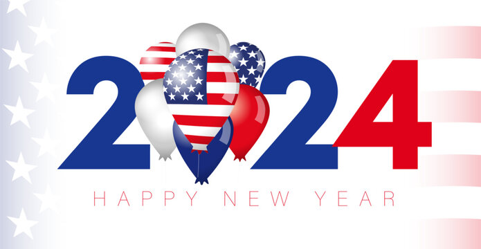 Happy New Year USA Social Media Greetings. Voting 2024, Election Day Symbol, Creative Idea. United States Holiday Banner Design. US Flag Balloons. Background Template. Invitation Concept.