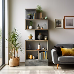 Front view of a bookshelf with books in the interior of a boho style home