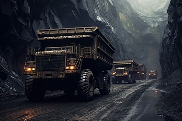 Industrial coal mine or quarry. Large quarry trucks carry the rock for beneficiation and processing. Huge mining trucks work the night shift. - obrazy, fototapety, plakaty