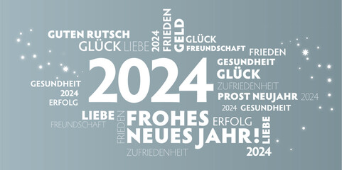 Fototapeta premium Neujahrsgrüße 2024 - weiße Schrift auf silbernem Hintergrund und Jahreszahl - deutsch