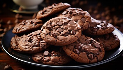 Obraz premium Delicious chocolate chip cookies with generous chocolate chips, arranged enticingly on a plate