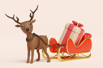 3d reindeer with sleigh, gift box. merry christmas and happy new year, 3d render illustration