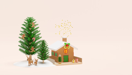 Obraz na płótnie Canvas christmas tree with house, fence, jingle bell, deer, gift box, gingerbread man, candy cane. merry Christmas and festive New Year, 3d render illustration