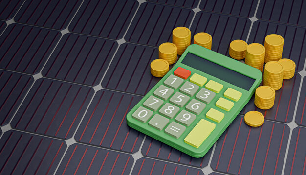 Calculation of profitability of solar energy. Solar panels and a calculator with money. 3d render