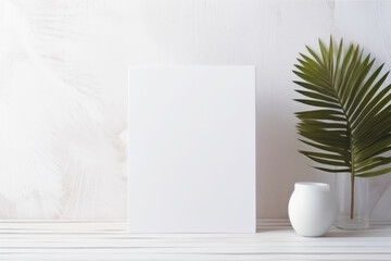 mockup of a card, invitation or announcement on a table against a concrete white wall with green leaves in a vase nearby