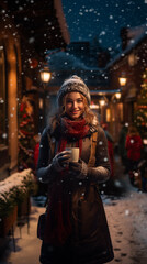 a happy young woman taking a hot cup of a drink in an snowy night