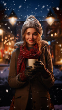 a woman happy in a cold night drinking a hot drink in the street