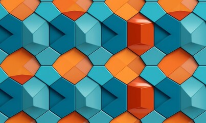 3D illustration. Geometric seamless 3D pattern in azure and orange colors shapes. Hexagon geometric mosaic, Generative AI