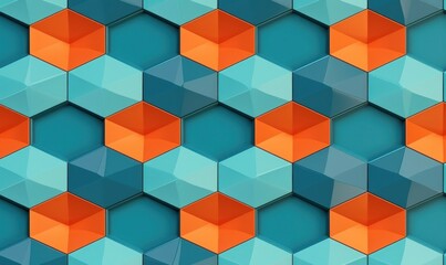 3D illustration. Geometric seamless 3D pattern in azure and orange colors shapes. Hexagon geometric mosaic, Generative AI
