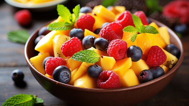 Colorful fruit salad with pieces of mango raspberry