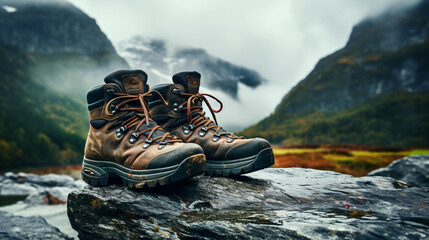 Comfortable hiking boots stand on a rock against background - obrazy, fototapety, plakaty
