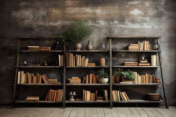 Front view of a bookshelf with books in the interior of a grunge style home