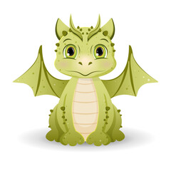 Cute green dragon with wings and big ears. Lovely little dragon mascot for 2024 new year. Vector cartoon character
